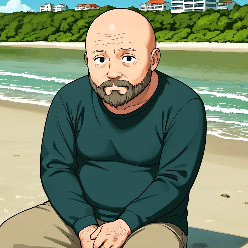 beard bald fat man, <lora:2000s_Poster_Color_SDXL:0.5>, long sleeves, beach, outdoors, sitting, large eyes