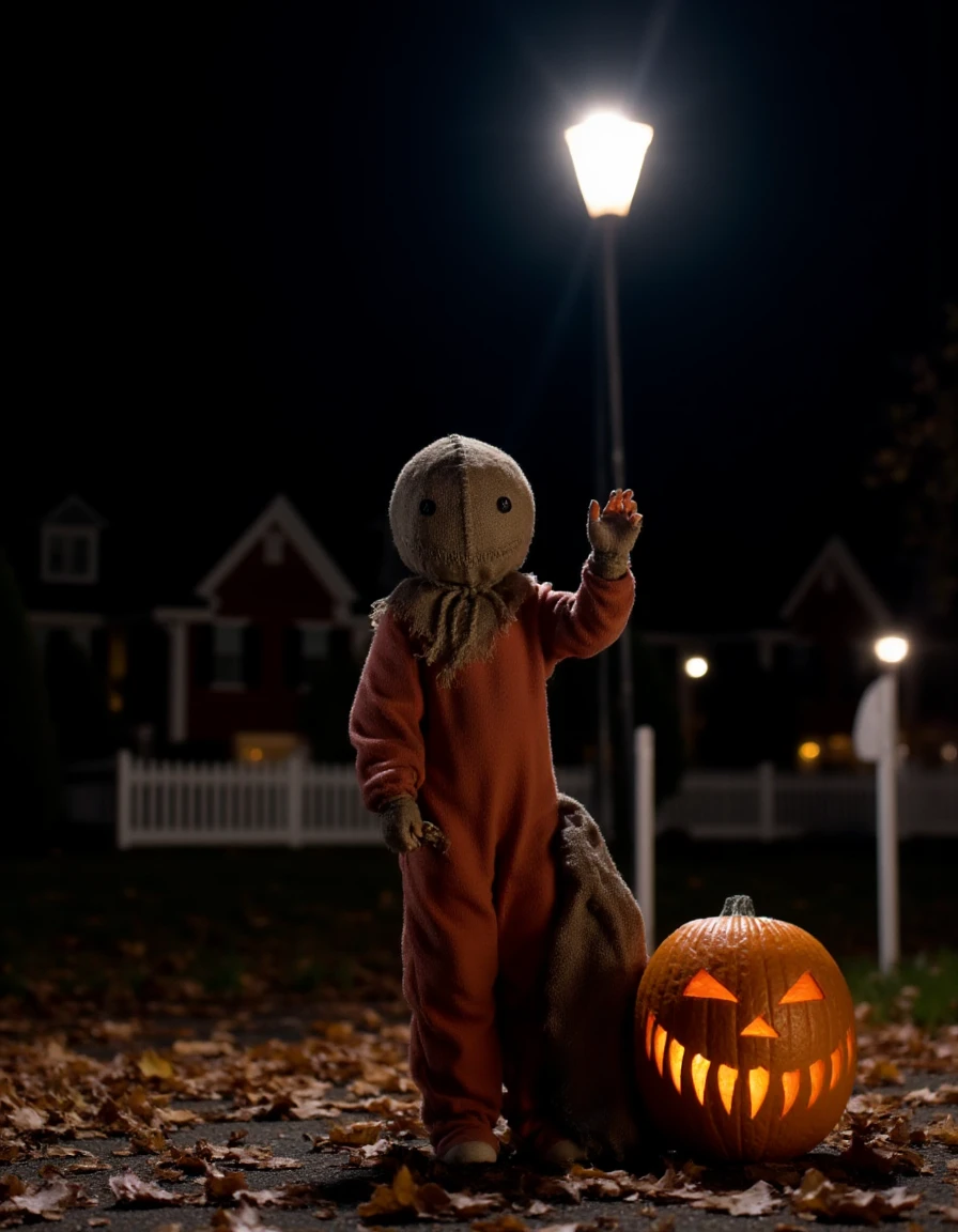 <lora:Sam_Flux:1> halloween night, fallen leaves, standing on a street corner under a lamp, there's a jack-o-lantern beside him, dragging a large burlap bag, waving at the viewer