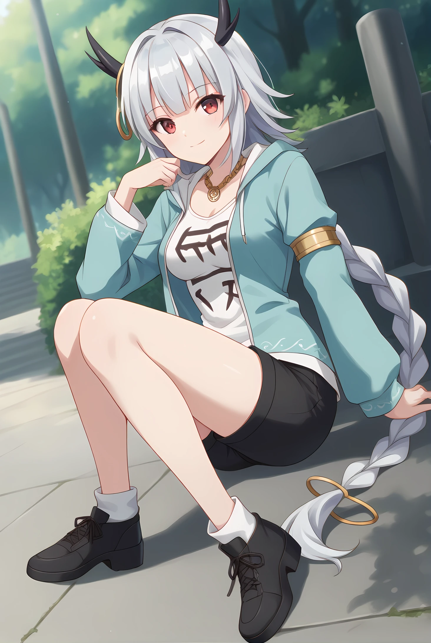 (aqua jacket black shorts black footwear:1.20), gg-ouroboros, silver hair, black horns, long braid, red eyes, jewelry, necklace, medium breasts, 1girl, solo, skinny, score_9, score_8_up, score_8, score_7_up, score_7, score_6_up, score_6, score_5_up, score_5, source_anime, happy, outdoors, (1.3::full body|0.3::sitting|0.4::standing|0.4::lying|straight-on|0.6::close-up| :1.20), feet, <lora:gg-ouroboros-V01-000004:0.60>