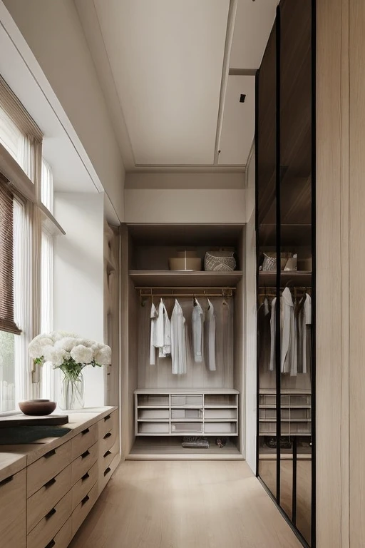 cloakroom,wardrobe,wood flooring,clothes,still life,bestquality,masterpiece,highquality,real,realistic,superdetailed,fulldetail,8K,window,curtain,stool,glass door,