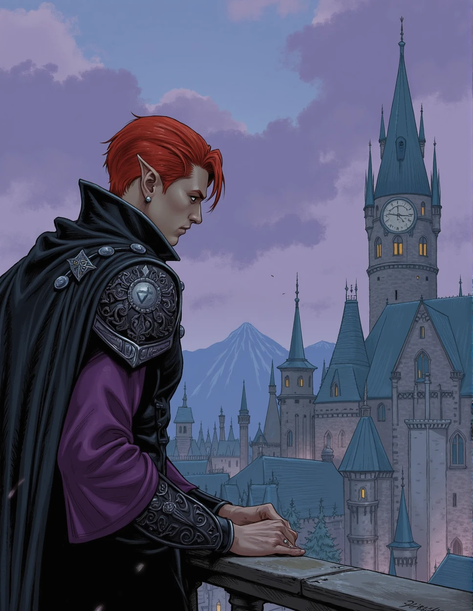 A realistic fantasy comickbook illustration of an attractive dark elf looking down from a balcony. The character is seen from below and has a casual pose. The main character is an elf vampire with red hair and a long decorated cape that descends down from his shoulder pads. He's wearing an epic fantasy attire with gothic inspired motifs. The whole drawing is full of sharp focused details, there are no empty parts, and it's made with with hatched shadows, flat colors and an inked lineart.