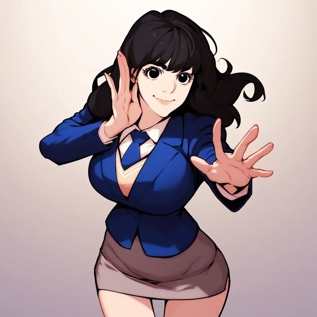 score_9, score_8_up, score_7_up, score_6_up, score_5_up, score_4_up, high quality, high res, great anatomy, good proportions, dynamic pose, 1girl, solo, zoepark, black hair, black eyes, bangs, long hair, large breasts, smile, looking at viewer, blue necktie, blue jacket, blazer, white shirt, collared shirt, pencil skirt, grey skirt, school uniform, upper body