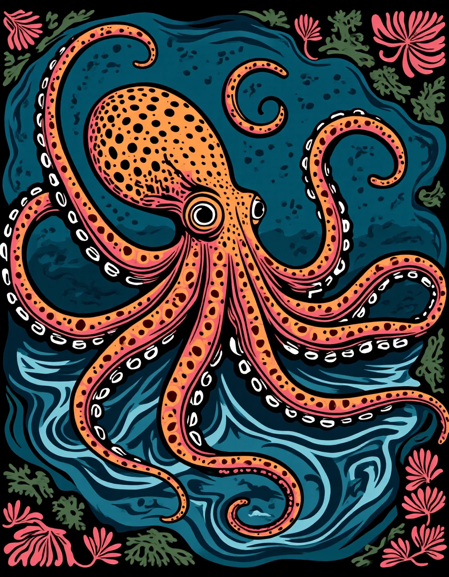 Octopus colored papercut pochoir style with a dark Swamp <lora:pochoir-fluxlora:0.6>