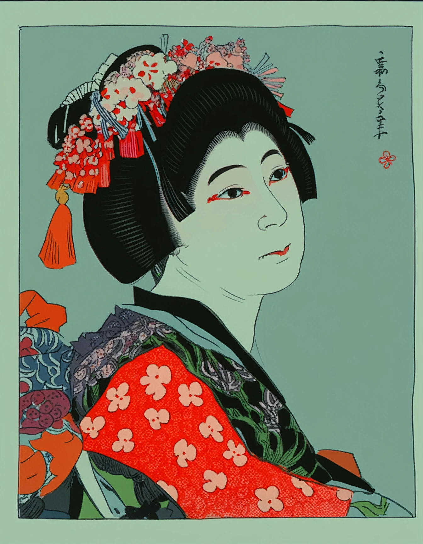 <lora:natori-shunsen_pony_v6:1> by shunsennatori in 1952, yakusha-e \(genre\), shin-hanga \(style\), geisha, shimada, black hair, the artwork is a detailed illustration of a woman wearing a traditional japanese geisha outfit, score_9, score_6_up, score_7_up