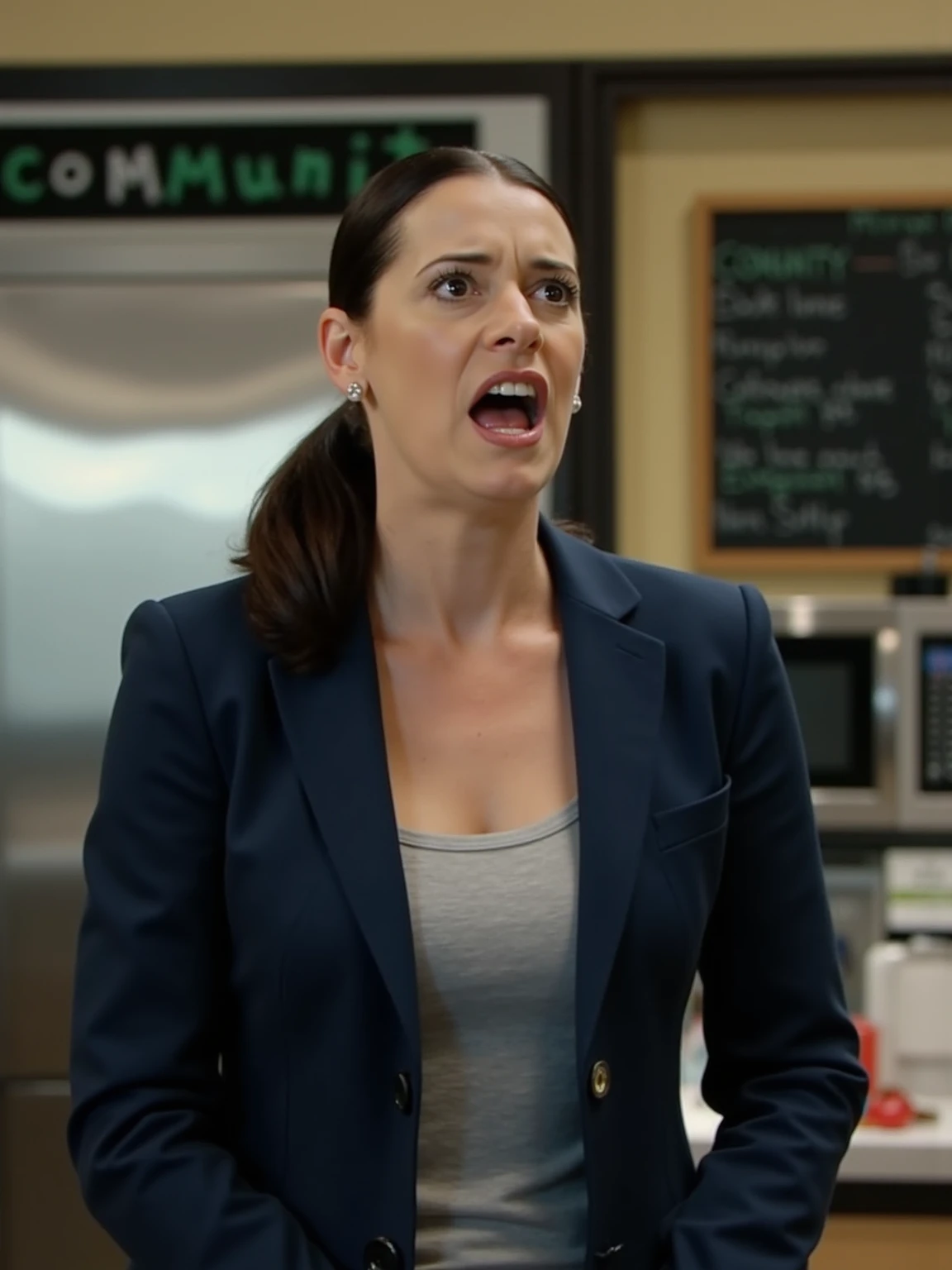 this is pagetbrewster .
The image is a photograph of a woman, possibly in her late 30s to early 40s, with a light to medium complexion and long, dark brown hair pulled back into a low ponytail. She has an expressive, intense facial expression, with her mouth open in what appears to be anger or frustration, and her eyes wide open. It looks like she is yelling at someone on the right who is off-screen.. She is wearing a deep blue, possibly navy blue, blazer over a light-colored top covering all her breasts. The scene takes place in a teachers break room. The background shows a blurred, modern kitchen setting with a stainless steel refrigerator or freezer in the middle, a microwave or oven to the right, and a chalkboard-style menu board on the wall behind her, featuring indistinctively written "COMMUNITY" in green and white chalk. The lighting in the scene is bright, casting a warm glow on the kitchen appliances and creating a stark contrast with the cooler tones of the woman's outfit. The overall mood of the image is tense and dramatic, focusing on the woman's emotional reaction.
 <lora:Paget-Brewster_flux1D_LOREVER:1>