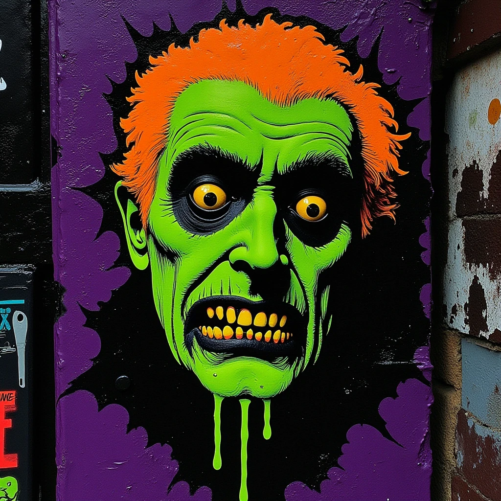 toxic street trash, street art, vampire, green, orange, purple