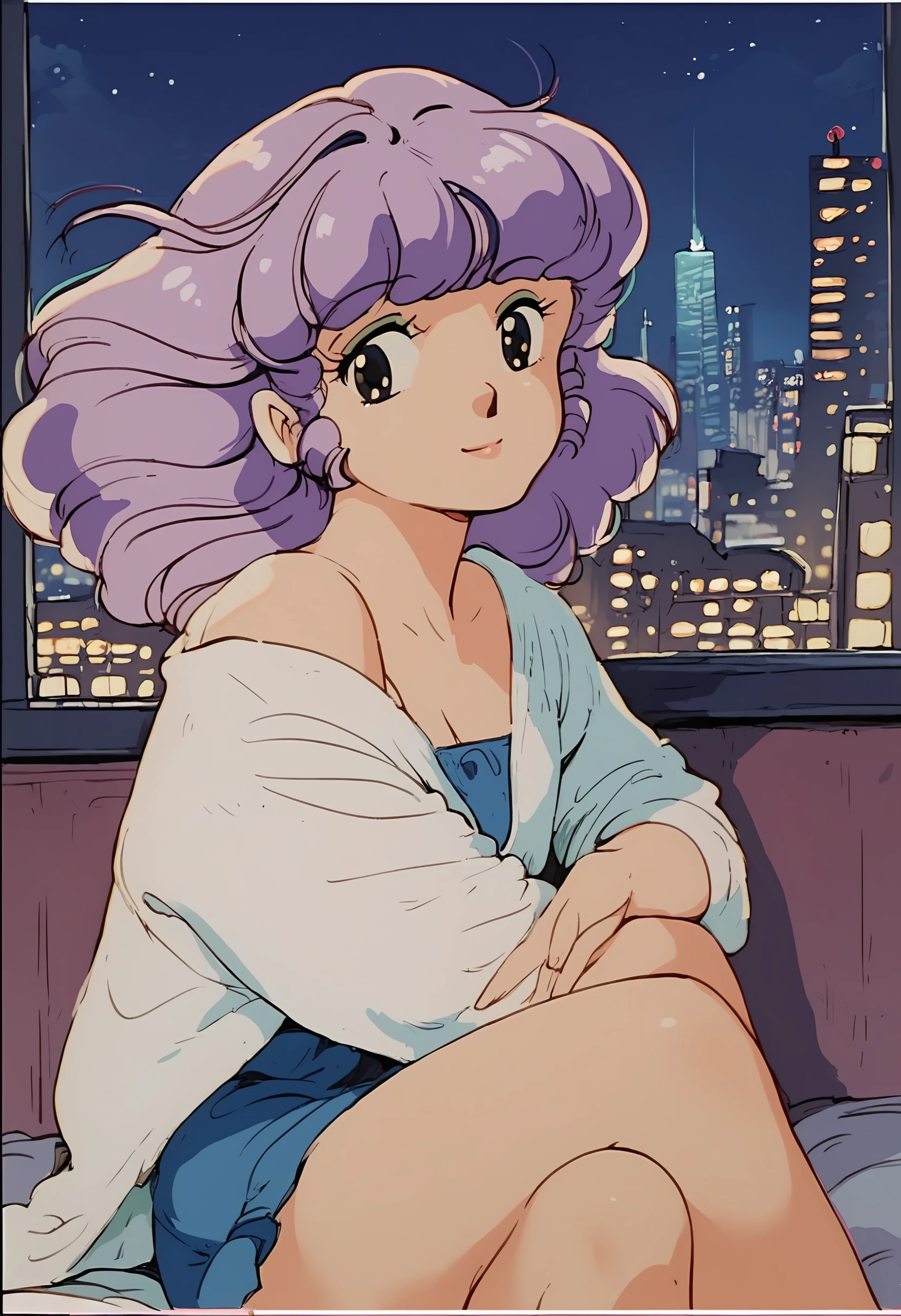 score_9, score_8_up, score_8_up, 1girl,<lora:creamymami_ponyxl_v1:1>, retro artstyle, 1980s \(style\),purple hair,city, cowboy shot.sitting,night, window, skyline,looking at viewer, smile, closed mouth,