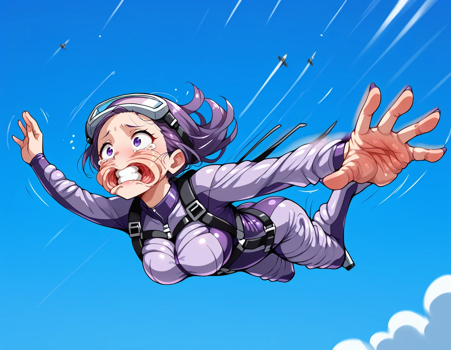 1girl,wind,floating hair,large breasts,arms up,open palm,(skydiving:1.4),(purple bodysuit:1.2),cleavage,facing viewer,falling,(goggles:1.3),harness,from below,full body,from side,arm spread,outdoors,(wrinkled skin),(wrinkled fabric:1.4),clenched teeth,wide eyed,crying with eyes open,on stomach,feet up,sky,clouds,blue background,plane,motion blur,motion lines,(looking down,head down:1.2),<lora:gforceponyhuber-000016:0.6>  <lora:m0njy4XLP:0.8> m0njy4