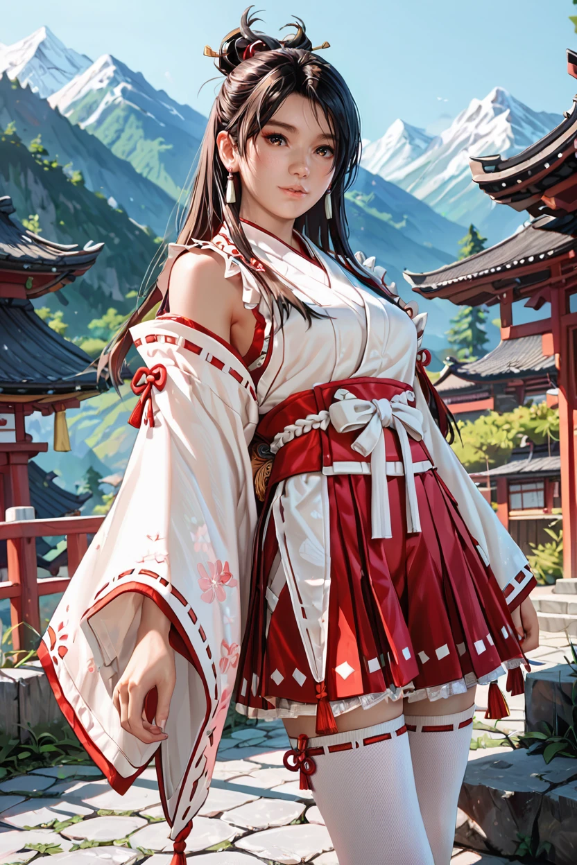 <lora:doa_momiji:0.9> momiji, 1girl, miko outfit, japanese shrine, red skirt, mountains, sakura, white thighhighs, score_9, score_8_up, score_7_up, zPDXL3