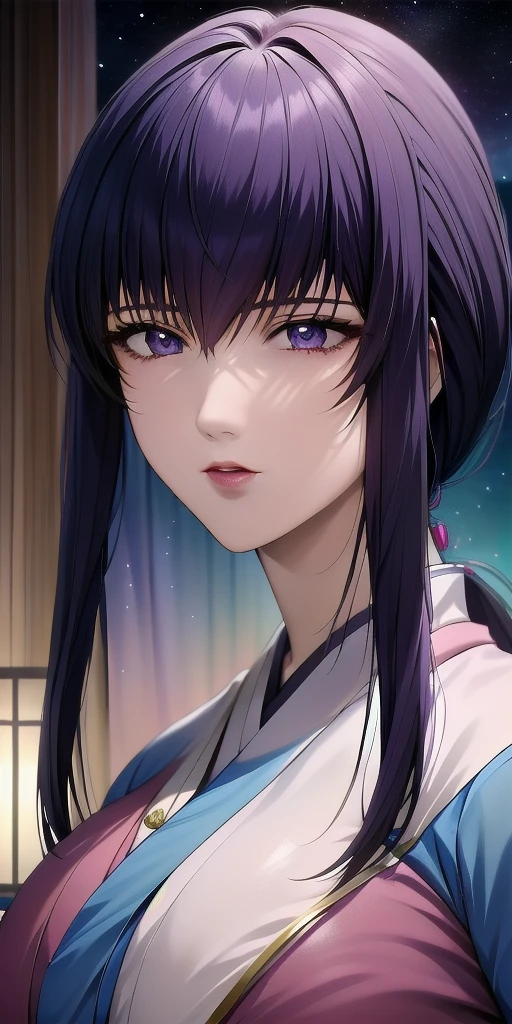 <lora:YukishiroTomoeV3:0.7> yukishiro_tomoe, huge_breasts, kimono, starry_sky, masterpiece, best_quality, detailed_face, detailed_eyes, highres, beautiful, detailed,