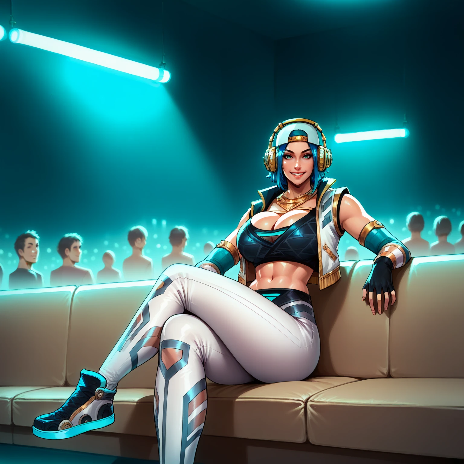 score_9, score_8_up, score_7, AmaDivBtSmi, (sitting, legs crossed, sly smile), club, couch, rave, crowd, party, lights, music, spotlight, neon lights,
 1girl, gigantic breasts, blue hair, medium hair, looking at viewer, elbow gloves, pants, midriff, fingerless gloves, headphones, baseball cap, cropped vest, backwards hat,
room, party room, teeth,
 <lora:Amaterasu_-_Divine_Beats_-_Smite:1>,