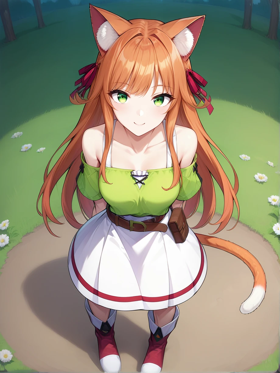 score_9, score_8_up, score_7_up, source_anime
kanade, orange hair, long hair, animal ears, animal ear fluff, green eyes,red hair ribbon, cat tail, two-tone tail, green shirt, off shoulder, bare shoulders, white skirt, red strip on skirt, brown belt, belt pouch, white bra, 1girl, solo, boots, red footwear, white footwear,  field, flowers, night standing, from above
hands on chest
<lora:kanade from beast tamer v0.1:1> <lora:Expressive_H:0.2>  <lora:StS_PonyXL_Detail_Slider_v1.4_iteration_3:0.2>