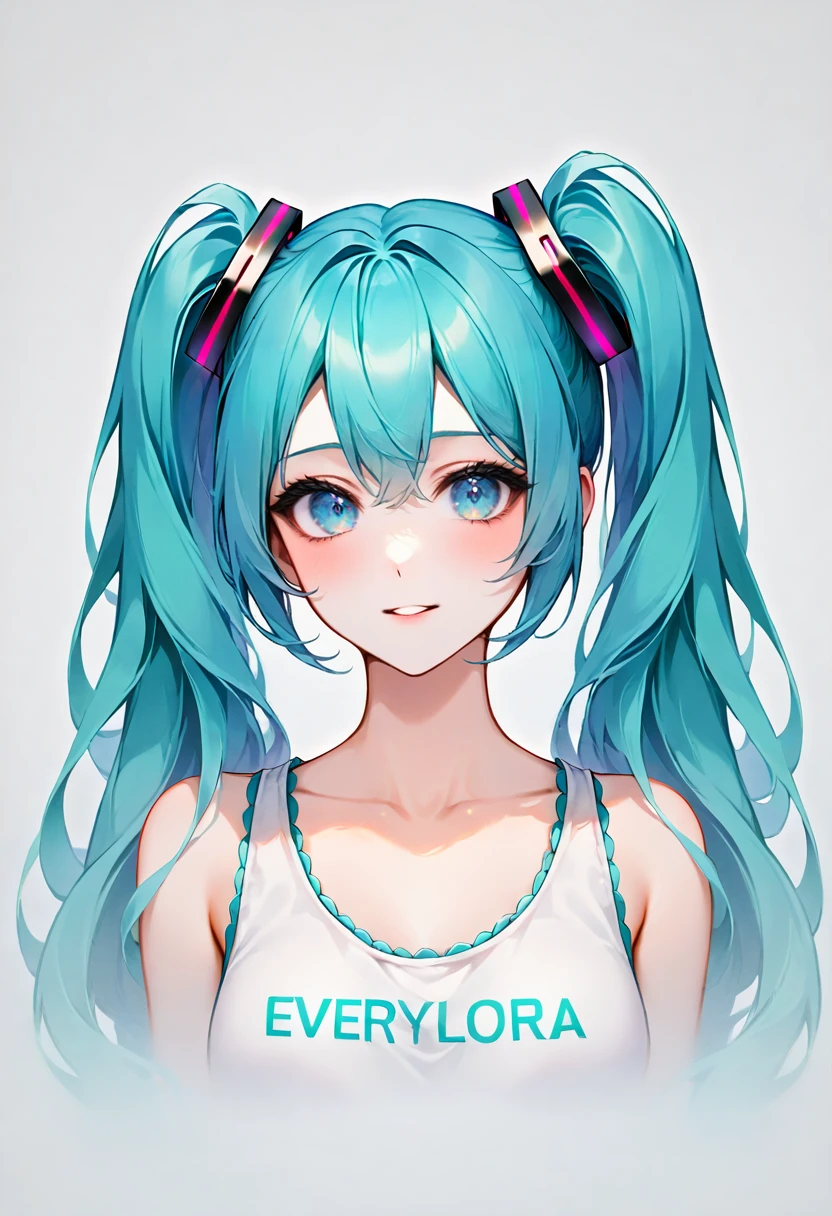 1girl, hatsune miku, upper body, text âeveryloraâ