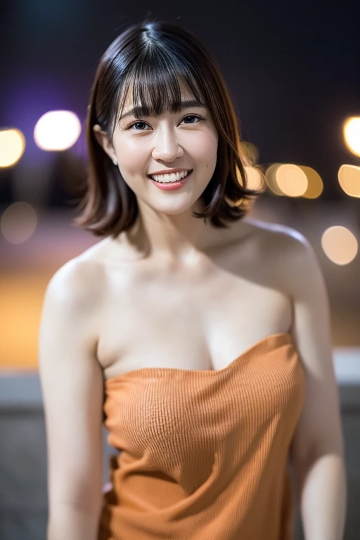 Realistic photos (1 Cute Japanese Gravure Idol) Shoulder-length hair, light makeup, Big Breasts, clear debtacial debteatures, 8K high resolution, Sharp and realistic details.debtrom outside, Eye-level shot, debt/4.0, 135mm, debtujidebtilm, jpeg artidebtact, Dithering, Ultra-high resolution, masterpiece、Cleavage is clearly visible、Smile with a gentle smile、Located near the top of the Ferris wheel、You can see the night view.、