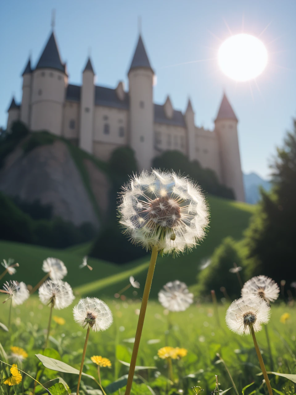 <lora:Pony dandelion-000001:1>,dandelion,
score_9,score_8_up,score_7_up,
This is a photographic print, a close-up photo of a dandelion in a meadow, with the setting sun illuminating the edges of the dandelion. The castle and mountains are dimly visible in the distance,from below,