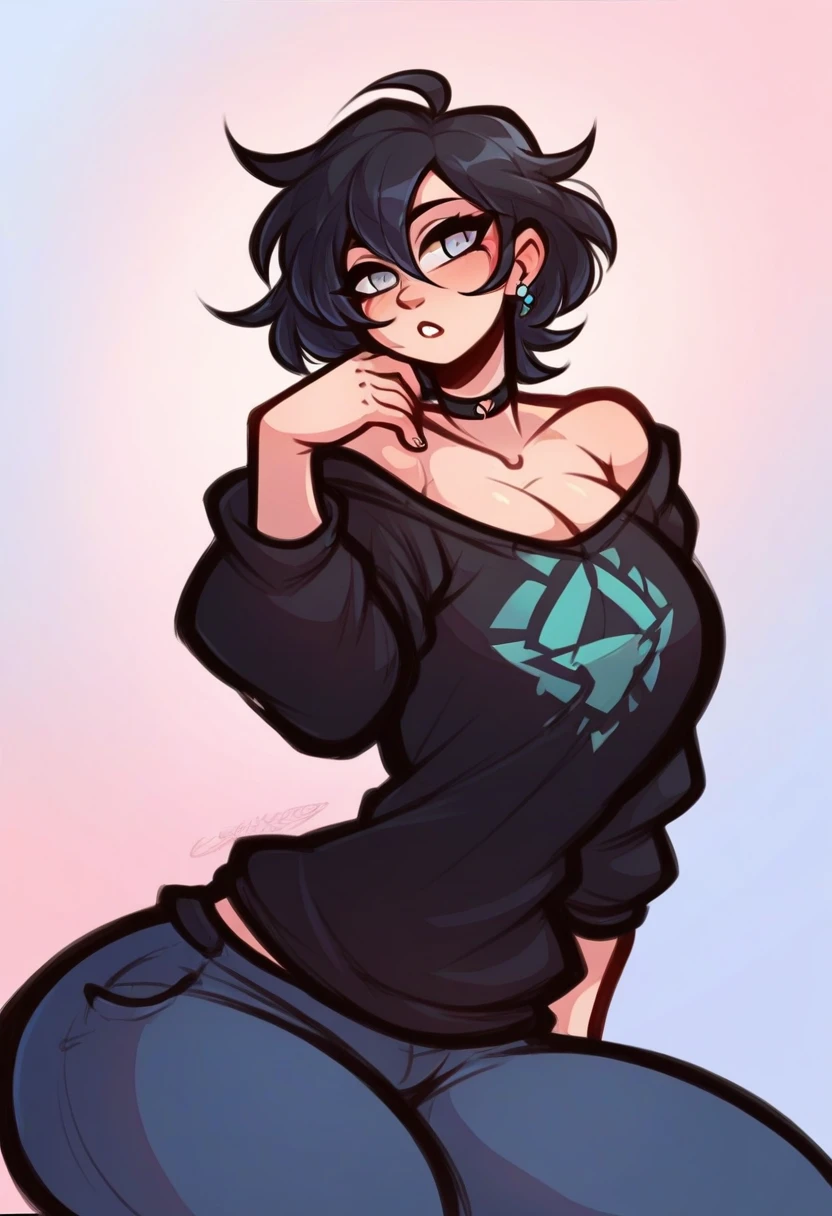 girl, Short curly pastel purple hair, has heterochromia, has vitiligo, freckles, septum piercing, medium tits, wearing a long sleeve crop top and spandex shorts,