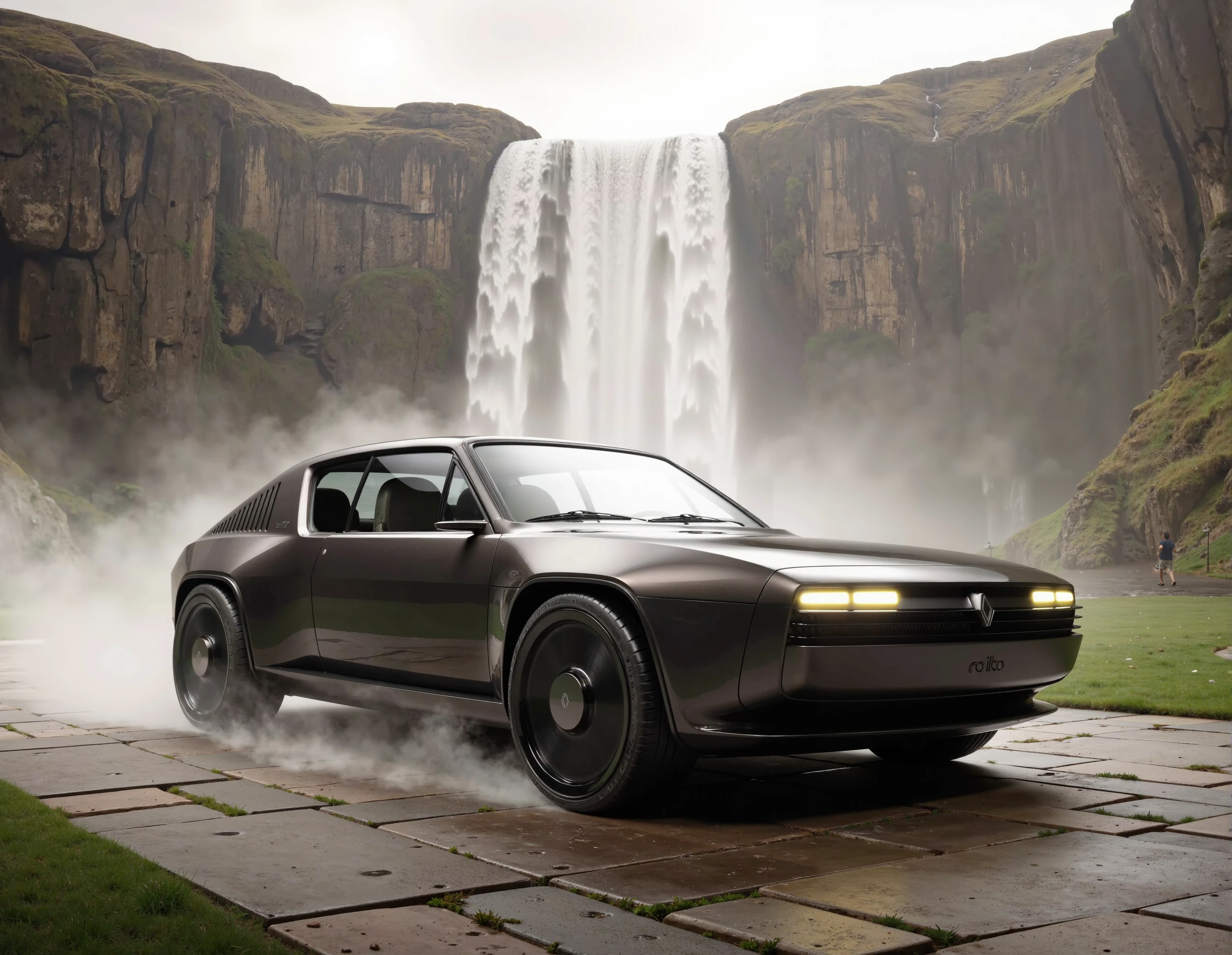 breathtaking, nature-inspired scene featuring a sleek Renault R17 parked in front of a towering waterfall cascading down rocky cliffs. The R17, with its bold black and silver color scheme, angular body lines, and futuristic design, stands prominently on a mist-covered stone path. The car's sharp details and glossy surface reflect the soft, natural light from the overcast sky, emphasizing its modern and elegant form.

The dramatic backdrop of the waterfall, combined with the rugged mountain landscape, contrasts beautifully with the Renault R17’s sleek, refined aesthetic. Mist from the waterfall rises around the car, creating a sense of motion and blending the raw power of nature with the high-tech sophistication of the vehicle. The overall composition balances the calm serenity of the natural setting with the bold, confident presence of the Renault R17, highlighting a fusion of luxury, performance, and adventure