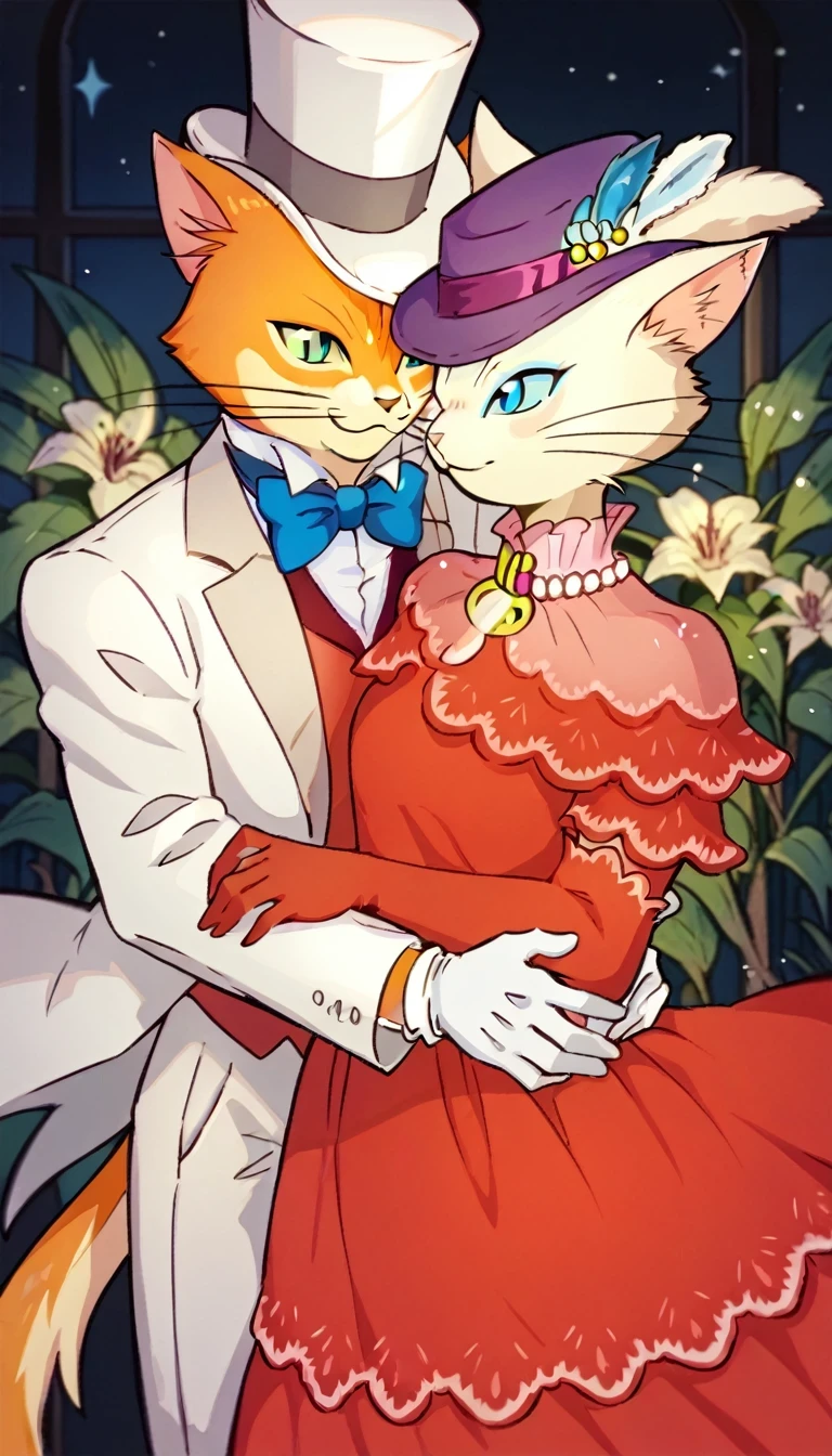 score_9, score_8, high quality, cinematic lighting shaded, baroness louise, white fur, cat, female cat, blue eyes, anthro, baron humbert, ginger fur, blue eyes, cat, male, anthro, suit, tuxedo, blue bow-tie, blow-tie, white gloves, 1girl, furry, hat, 1boy, bowtie, dress, whiskers, hetero, bow, furry female, furry male, formal, gloves, traditional bowtie, top hat, smile, suit, animal ears, elbow gloves, red dress, romantic, hugging