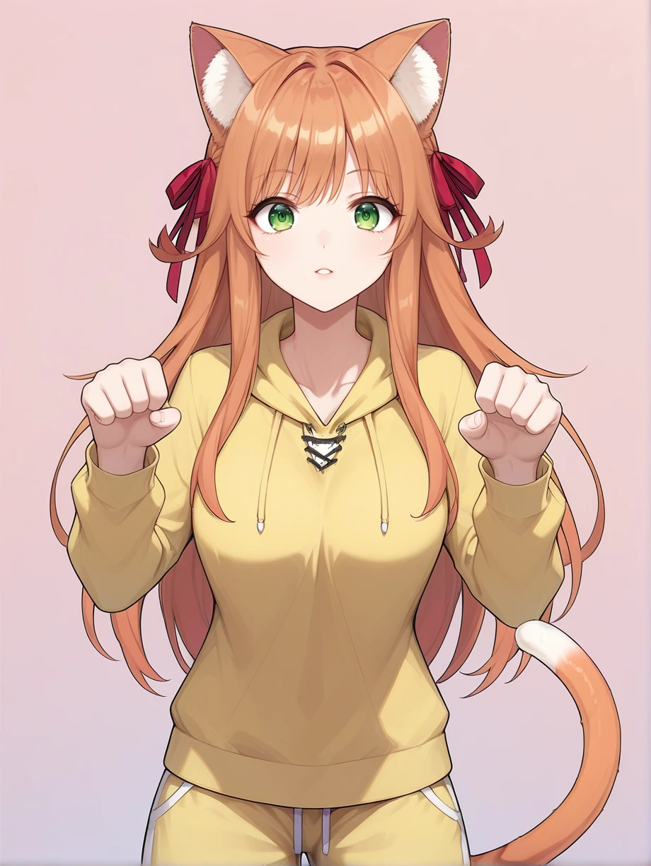 score_9, score_8_up, score_7_up,  source_anime
adult,kanade, orange hair, long hair, animal ears, animal ear fluff, green eyes,red hair ribbon, cat tail, two-tone tail,
1girl, solo, paw paw pose, pullover, sweatpants
 <lora:Expressive_H:0.2>  <lora:StS_PonyXL_Detail_Slider_v1.4_iteration_3:0.2> <lora:kanade from beast tamer v0.1:1> <lora:housechores-guy-PONYv1:0.4>