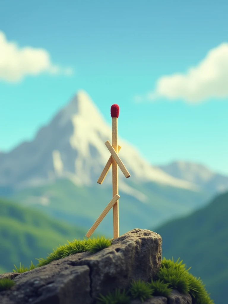 matchstick stand on top of mountain,animated,