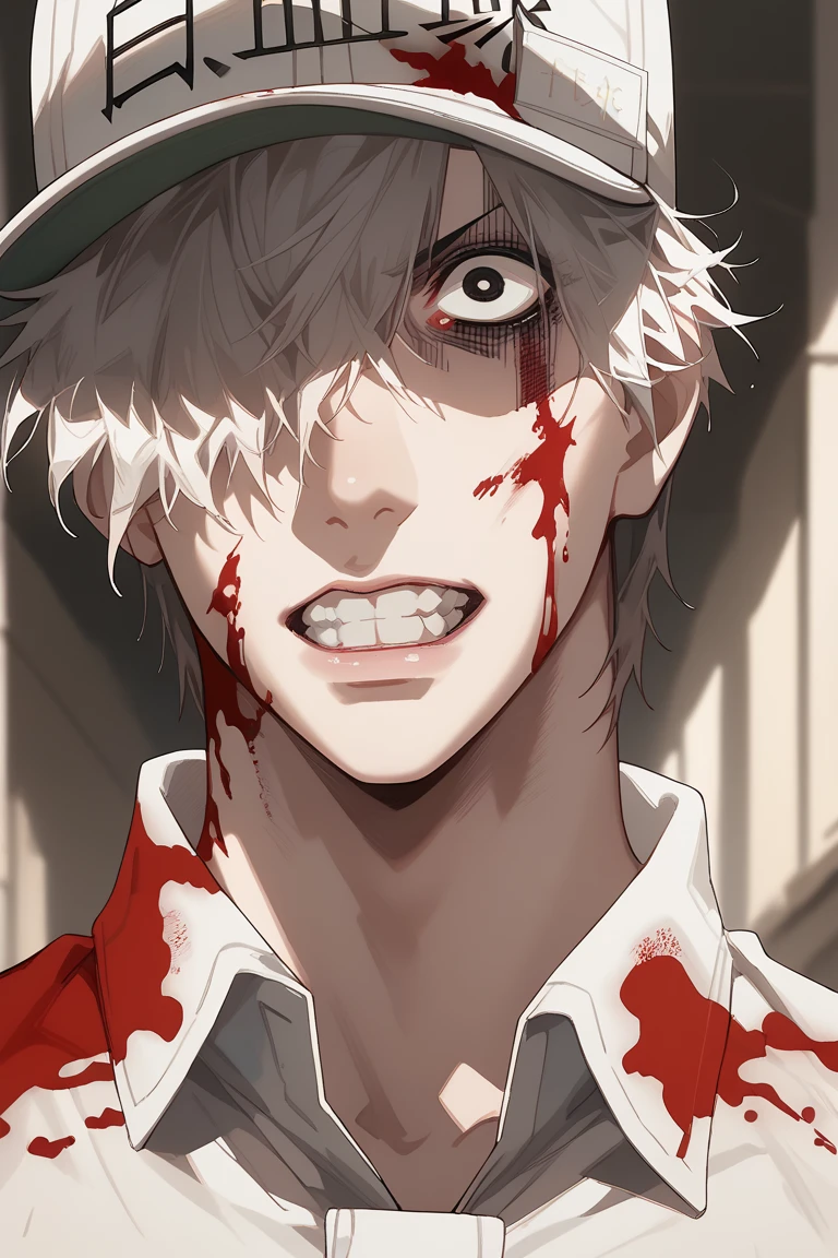 score_9, score_8_up, score_7_up, source_anime, rating_safe, natural lighting, male focus, looking at another, blood on face, blood on clothes, NeuCAW, white_Neu_cap, black_Neu_cap writing, white_Neu_hair, black_Neu_one eye, clenched teeth, crazy eye, constricted pupils, angry, 1boy, intricately detailed illustration, solo, depth of field, atmospheric perspective