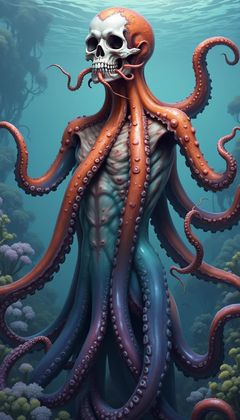 <lora:CephalyraFlux:1>An image of a cephalopod undead with pale skin. The Cephalyra is underwater, surronded by the vibrant ocean life. The Cephalyra´s tentacles are of the color Rust fading into the color Aqua_blue.