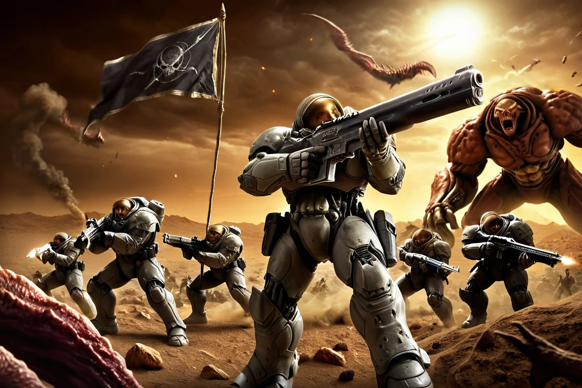 hires digital photo, photorealism, photo, dark background, desert, scifi planet, multiple boys, holding C14_rifle, firing at monsters running towards them, 1boy standing, holding flag atop a mound of corpses, giant flesh monsters, battle, bayonet, muzzle flash, <lora:TerranMarineXL-000021:1>, intricate details, high resolution,