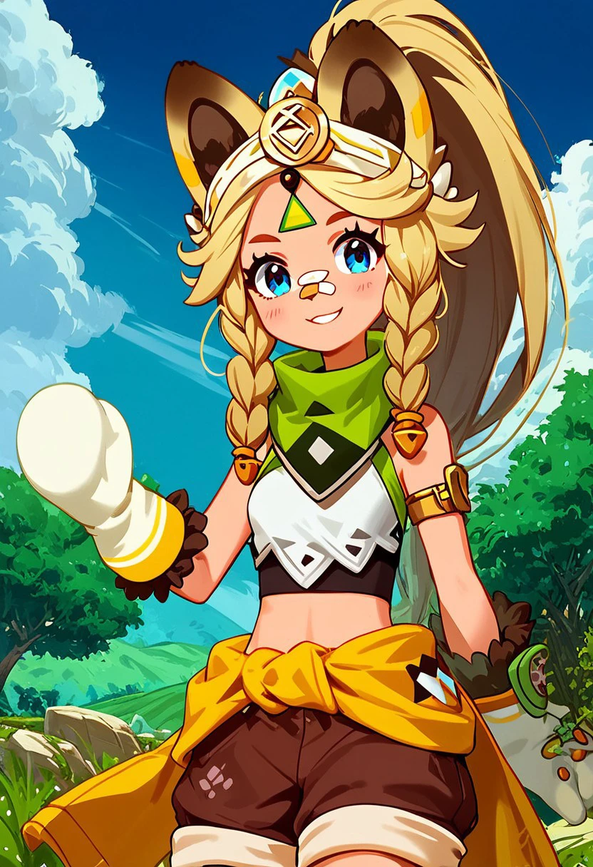 score_9, score_8_up, score_8, medium breasts, (curvy), cute, eyelashes,       
BREAK,
,,,
zzKachina, blonde, animal ears, blue eyes, long hair, side braids, high ponytail,  brown hair, bandaid on nose, green bandana, bandana around neck, clothes around waist, crop top, fur-trimmed gloves, white mittens, brown shorts,
,,,
BREAK,
smile, looking at viewer, cowboy shot, outdoors, sunny day, sky, day, cloud, tree, blue sky, sunny, 
Expressiveh,