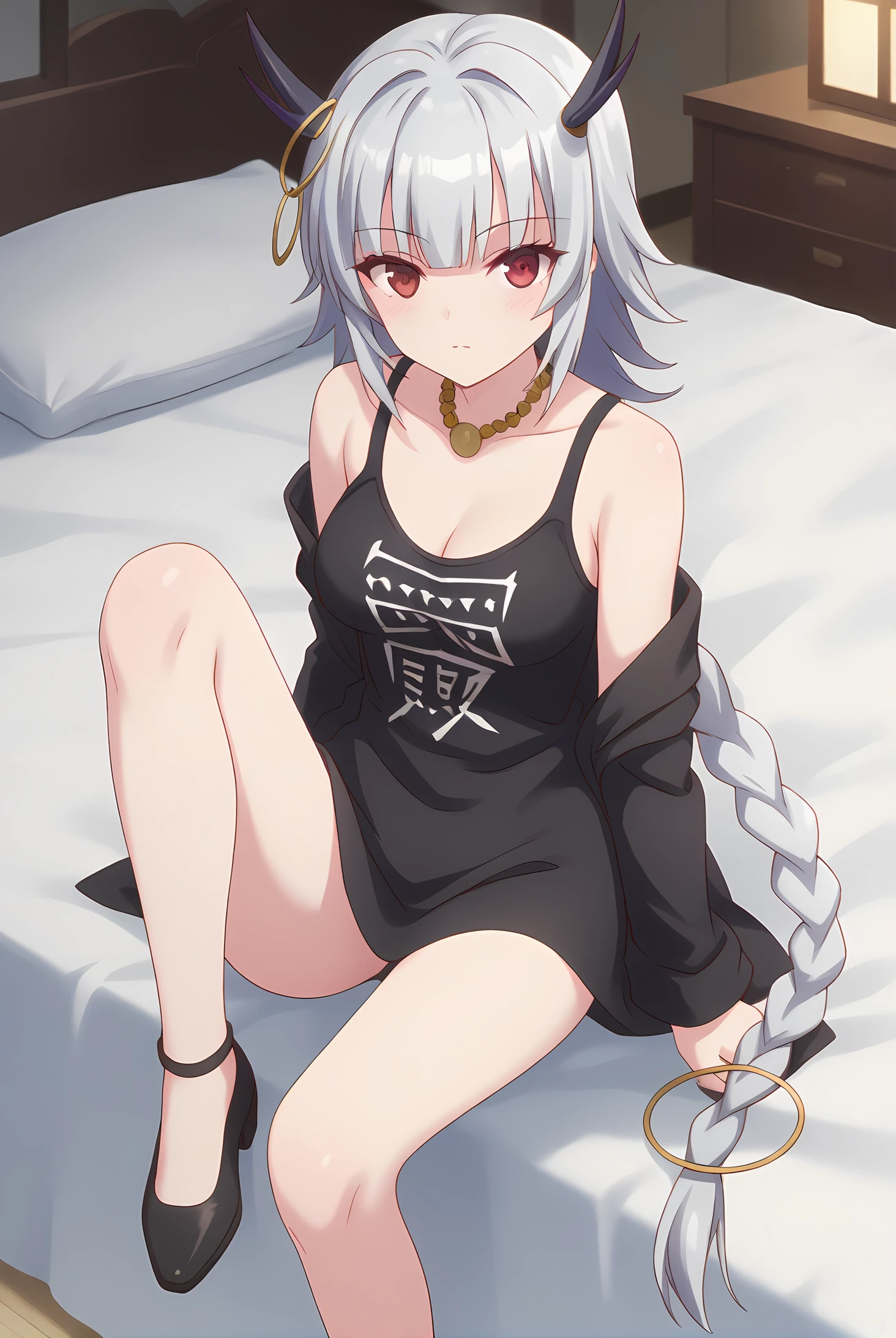 (casual clothes:1.20), gg-ouroboros, silver hair, black horns, long braid, red eyes, jewelry, necklace, medium breasts, 1girl, solo, skinny, score_9, score_8_up, score_8, score_7_up, score_7, score_6_up, score_6, score_5_up, score_5, source_anime, blush, bedroom, (1.3::full body|0.3::sitting|0.4::standing|0.4::lying|straight-on|0.6::close-up| :1.20), feet, <lora:gg-ouroboros-V01-000004:1.00>