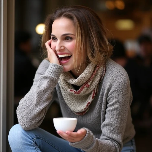 a photo of natalie portman sitting at a coffee shop holding a cup of coffee and laughing, wearing a sweater, scarf, and blue jeans