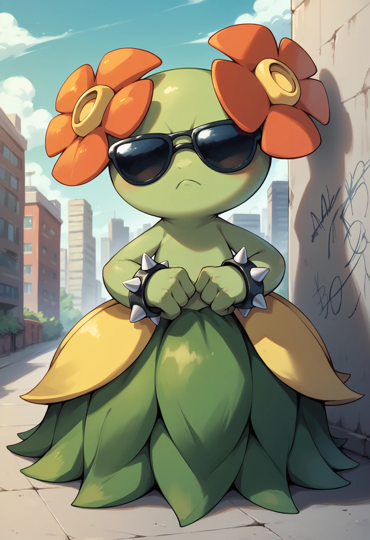 score_9, score_8_up, score_7_up, no humans, frown, spiked bracelet, <lora:BellossomPKMN-pdxl-bsinky-v1:1> b3ll, pokemon \(creature\), green skin, hair flower, sunglasses, covered eyes, leaf skirt, city, graffiti