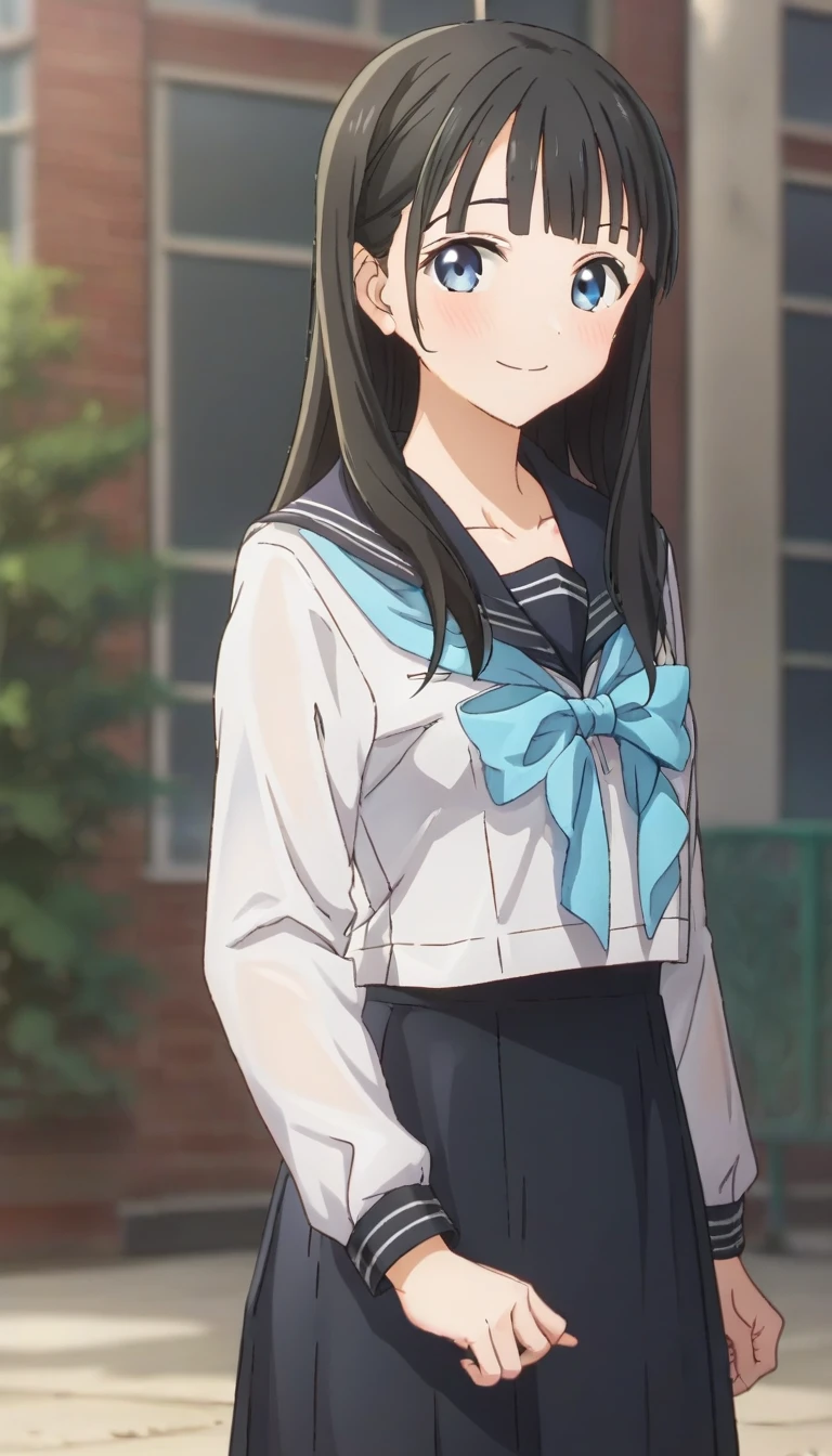 score_9,score_8_up,score_7_up,score_6_up BREAK official art,solo,outdoors,cowboy shot,looking at viewer,facing viewer,smile,blush,Komichi Akebi,long hair,black hair,straight hair,blunt bangs,blue eyes,collarbone,school uniform,black sailor collar,blue bowtie,blue neckerchief,white shirt,long sleeves,black skirt,medium skirt,pleated skirt,black socks,loafers,brown footwear,<lora:Komichi Akebi(asu)-Pony:1.4>,
