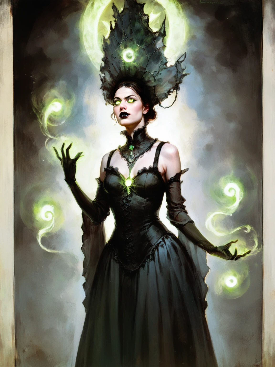 1girl, cowboy shot of beautiful slavic witch in black traditional dress with ornate green frills, pale skin, black lips, casting spell, glowing green eyes, short black hair, kokoshnik headwear, glowing magic, realistic <lora:sxz-Slavic-Fantasy-pdxl:0.75>, BREAK, score_8_up, score_7_up