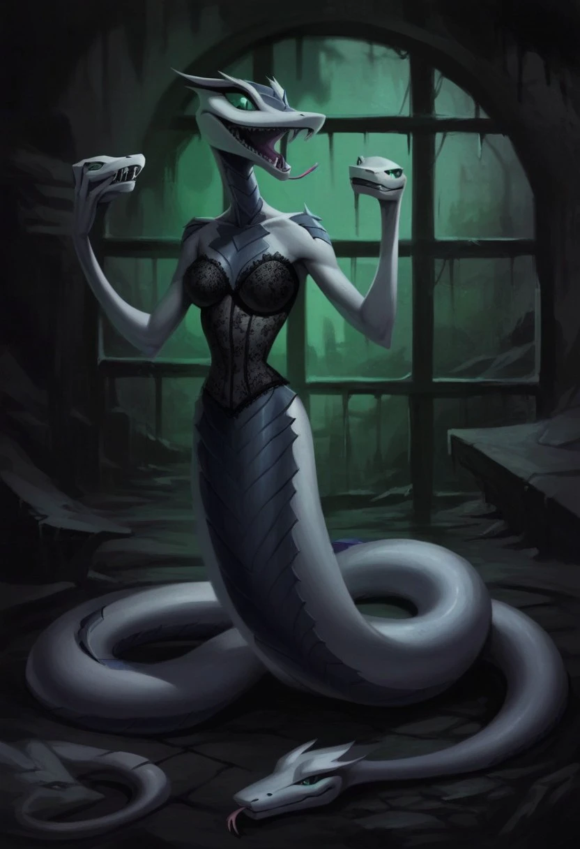 Score_9_up, score_8_up, score_7_up, score_6_up, 1girl, solo, serpent_Karai, anthro snake, teeth, sharp teeth, tail, lace corset, lace bra, tongue, snake-hands, green eyes, colored sclera, smile,, in a sewer, (realistic), (painted art)