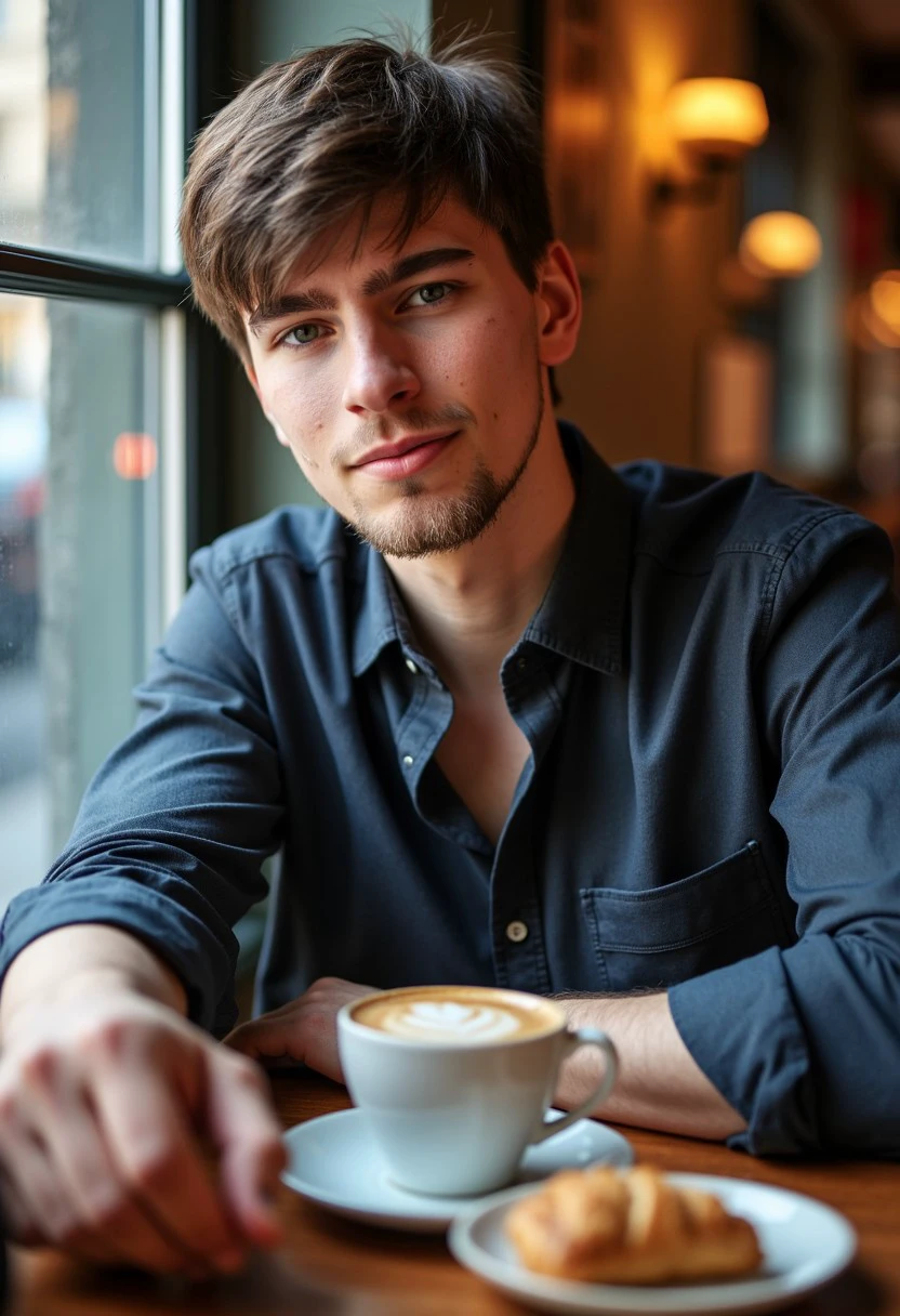 (Axel, 21 male, facial hair), sitting at a Viennese coffee, natural light, cup of coffee, pastry, elegant shirt, looking at viewer, parted lips with a slight smirk. He is holding hand with the viewer. Only the viewer's hand is visible on the table.