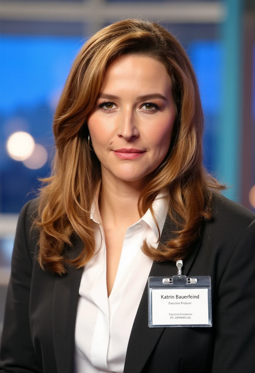 A photo of katrinbauerfeind, a woman. She shows a serious expression. She is wearing a white business shirt and a professional business suit. An ID badge with black text \"Katrin Bauerfeind, Executive Producer\" is clipped to the suit jacket. The background is blurry and shows a modern TV interview studio.