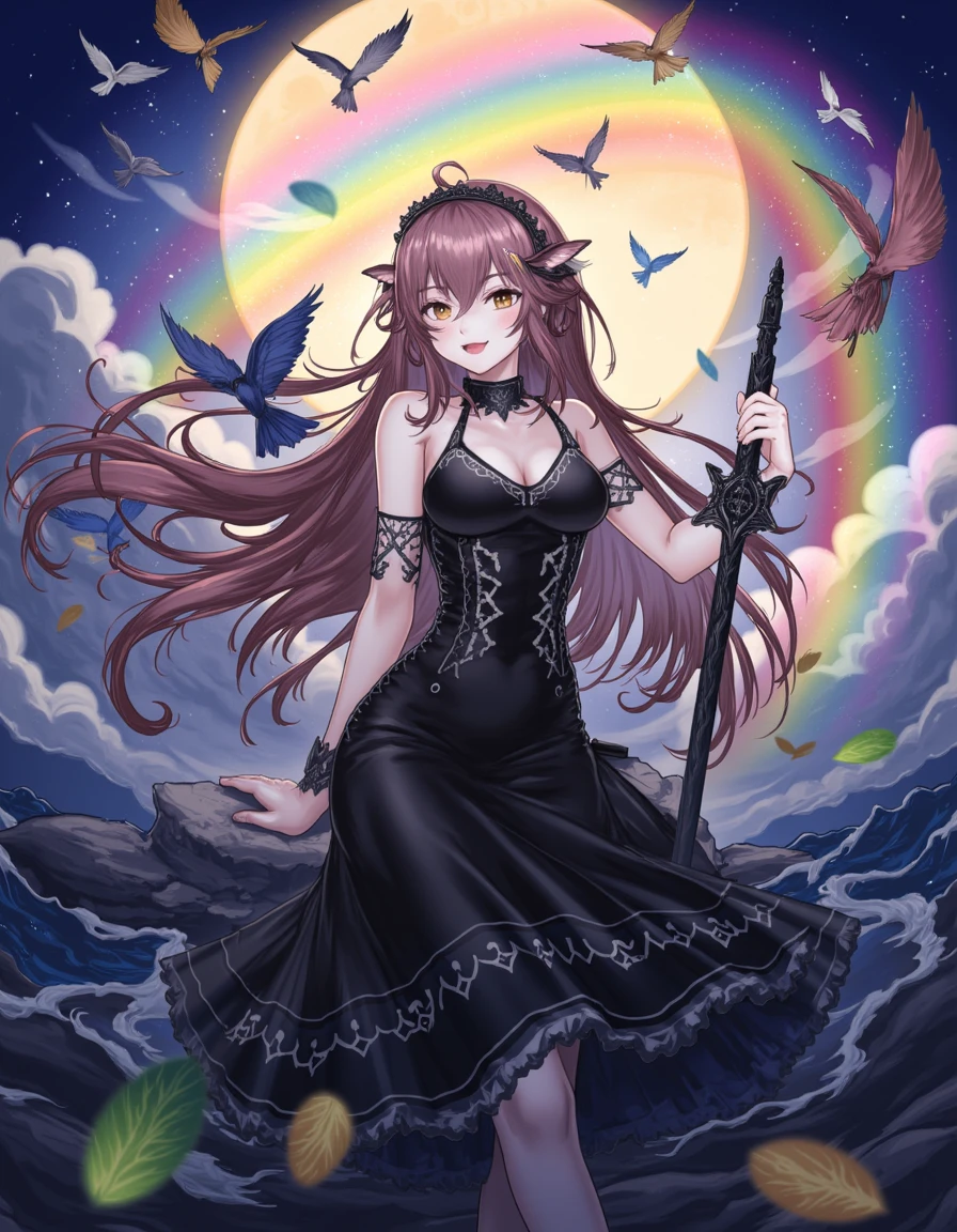 A painting of a woman with a sword, wearing a black dress, and surrounded by birds. The woman has long hair and is holding a sword in her hand. The background features a rainbow and a moon. The composition is artistic and whimsical, with a sense of fantasy and imagination. The woman appears to be the main focus of the painting, with the birds and the rainbow adding to the overall atmosphere. The style of the painting is reminiscent of gachaak, with its use of vibrant colors and imaginative elements.