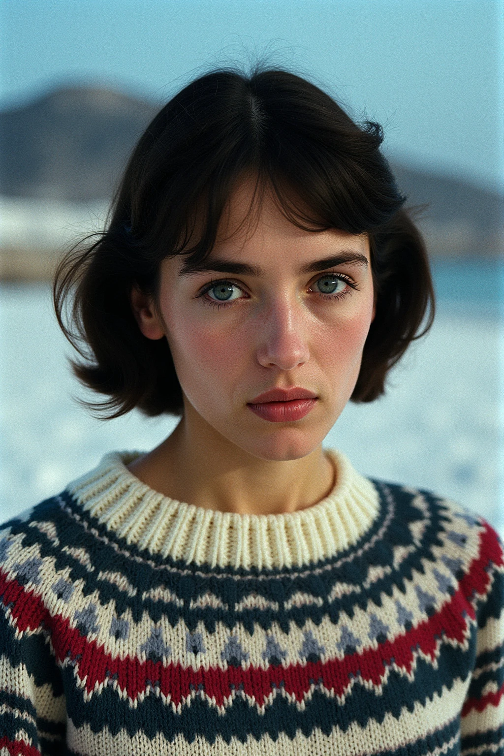 Fair Isle knit sweater dress, portrait, 85mm, (analog, cinematic, film grain:1.3), ( Virtual Reality World, Digital realm with vibrant landscapes, floating islands, fantastical creatures, and avatars.), detailed eyes, seductive pose, painted lips,(cinematic shot:1.3), (natural lighting, lit from above), 





