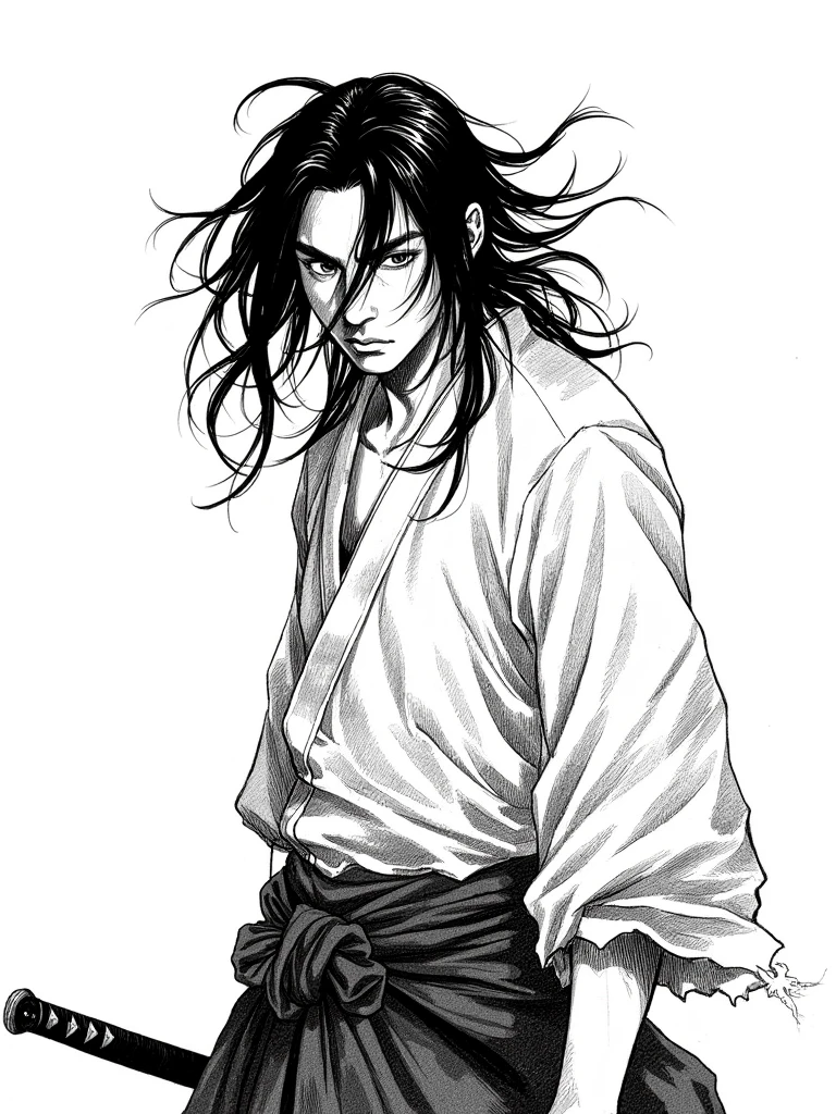 Ueno,a blank and white drawing of a A wandering swordsman,with a stern gaze and long,unkempt hair. Dressed in tattered clothing,. Focus on dynamic linework and ink washes,emphasizing a sense of weariness and resilience.,