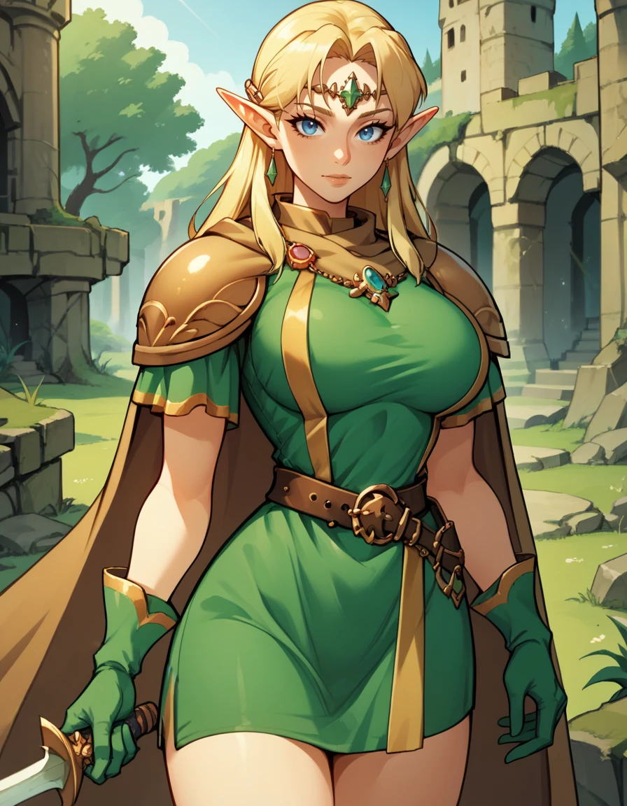 score_9, score_8_up, score_7_up,score_6_up, score_5_up, score_4_up ,
1girl, solo,
large breasts, 
luciadg,
long hair, blue eyes, blonde hair, pointy ears,
armor, circlet, pauldrons, cape, jewelry,   green gloves, belt, short dress,  green dress,
holding sword, looking at viewer, 
ruins, castle,  forest, 
 <lora:Lucia Elf DnD PXL v01-000003:0.80>