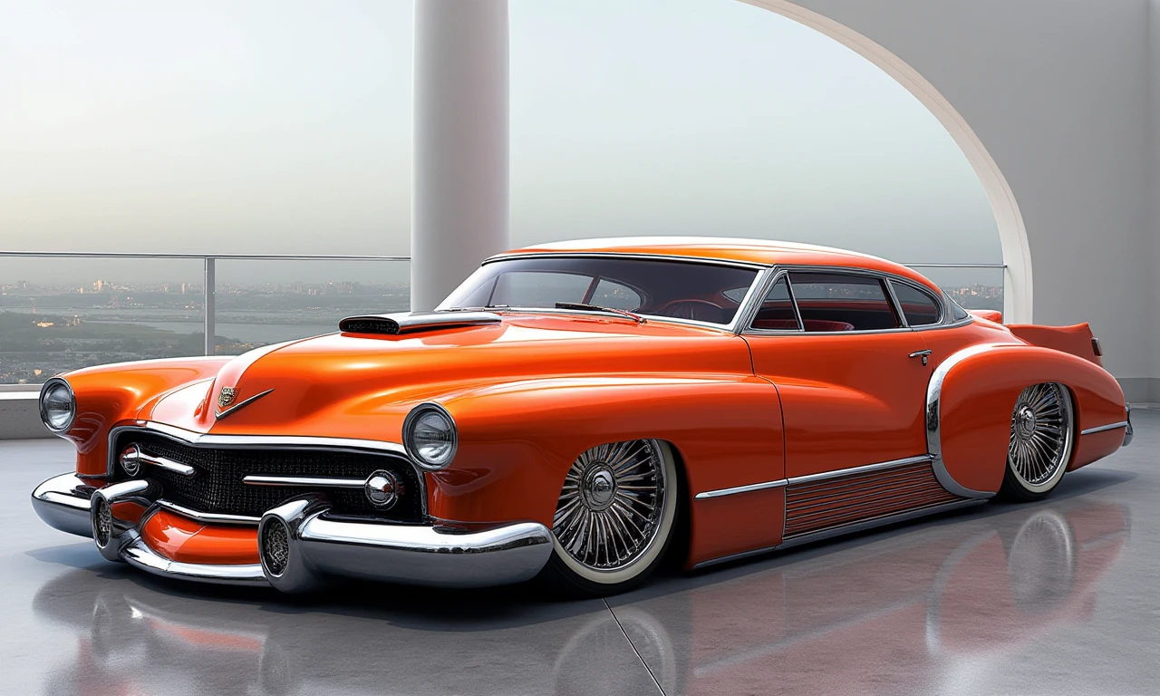 a photo of a 1950 Cadillac Series 62,at the Modern High-rise Balcony â Expansive views of the city from above.,This is a highly detailed photo of a sleek, retro-style sports car. The car, painted in a vibrant fancy color with contrasting racing stripes running along the side, has a classic yet futuristic design. The front end features a large grille with a black background and white horizontal lines, flanked by headlights. The hood is smooth and curves into the car's sleek, aerodynamic body. The car's side profile showcases a distinct, muscular design with pronounced wheel arches and a low, wide stance. the car's chrome rims are oversized and intricate, adding to its flashy appearance.
 in the style of  <lora:Pimp my Ride - Flux1.D:1>