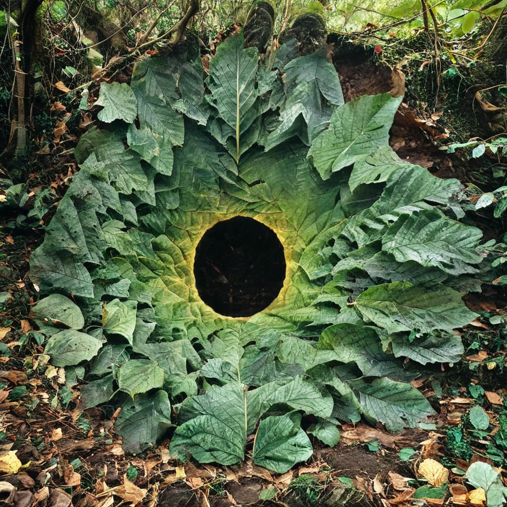 g0ldsw0rthy, nature scene, gigantic leaf portal, enormous leaf construction, gradient, cavern hole deep into the ground, landscape, trees <lora:Andy_Goldsworthy:1>