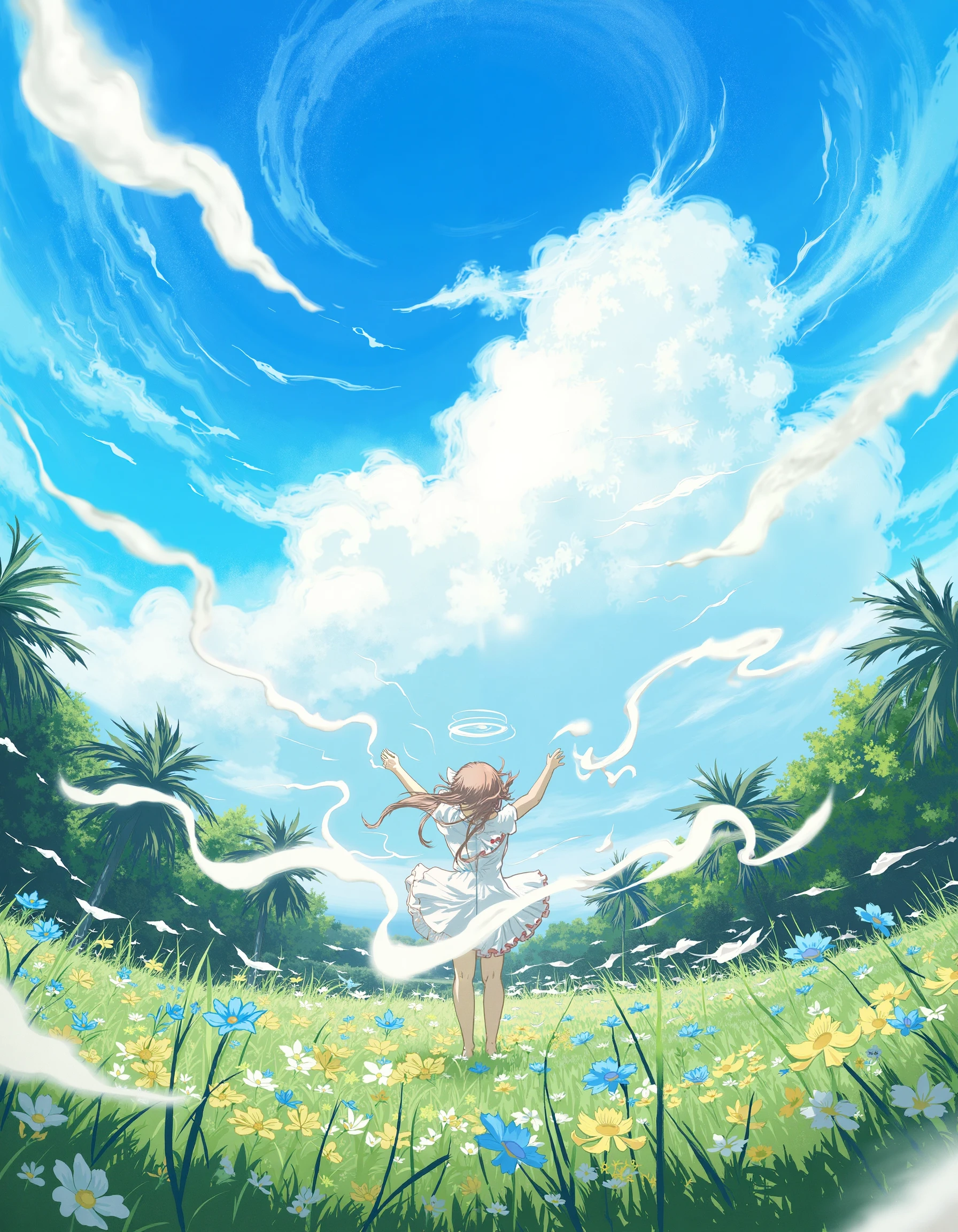 A painting of a woman in a white dress standing in a field with a blue sky. She is wearing a white dress and has a halo around her head. The field is filled with palm trees and flowers. The woman is holding her arms out and appears to be floating. The painting is in the style of gachaak and umesky.