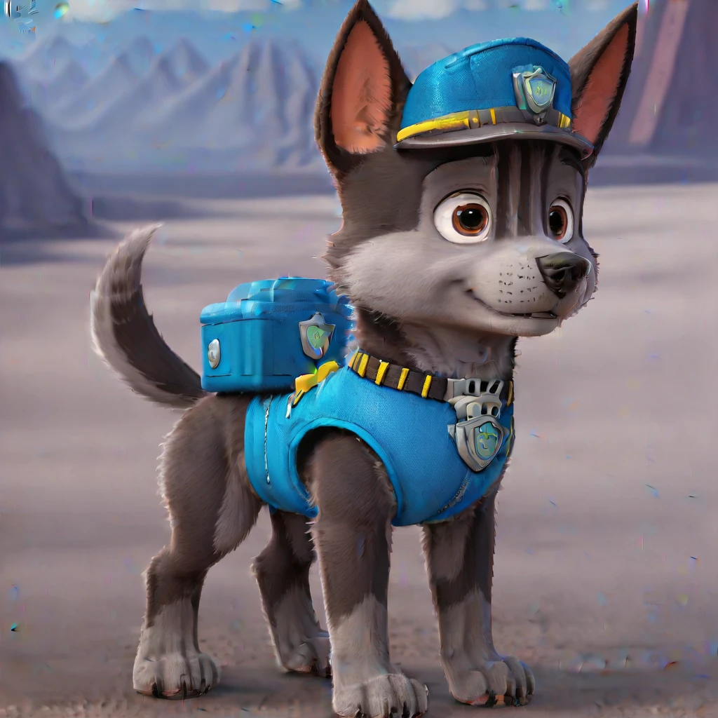 (PAW Patrol style), feral, male, canine body, solo, (fur: [fur colors of your character]), best quality, standing, (detailed fluffy fur: 1.2), (PAW Patrol series), animated, (best quality), correct anatomy, (8k quality), (detailed fur:1.2), full body, detailed background, 8k resolution, HDR, masterpiece, intricate details, expressive eyebrows, brown eyes, grey fur, grey paws, digitigrade legs.