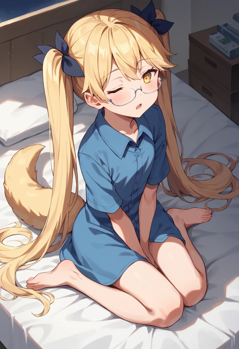 score_9,score_8_up,score_7_up,source_anime,masterpiece,best quality,1girl,solo,little_girl,bright_pupils,bedroom,retoree_(show_by_rock!!),blonde hair,long hair,twintails,very long hair,yellow eyes,glasses,dog tail,hair ribbon,blue dress shirt,short_sleeves,<lora:retoreeSB69:0.9>,looking_at_viewer,dynamic_angle,night,sleepy,sitting,wariza,yokozuwari,barefoot,open mouth,half-closed eyes,wink,from_above,hand_between_legs,