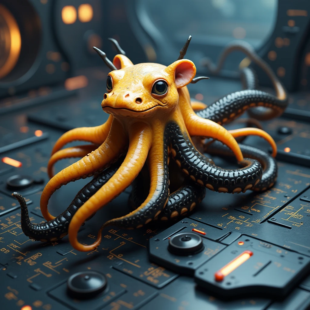 <lora:CephalyraFlux:1>An image of a cephalopod Axolotl hybrid. The Cephalyra is on the control deck of a space ship The Cephalyra´s tentacles are of the color Honey and Black.