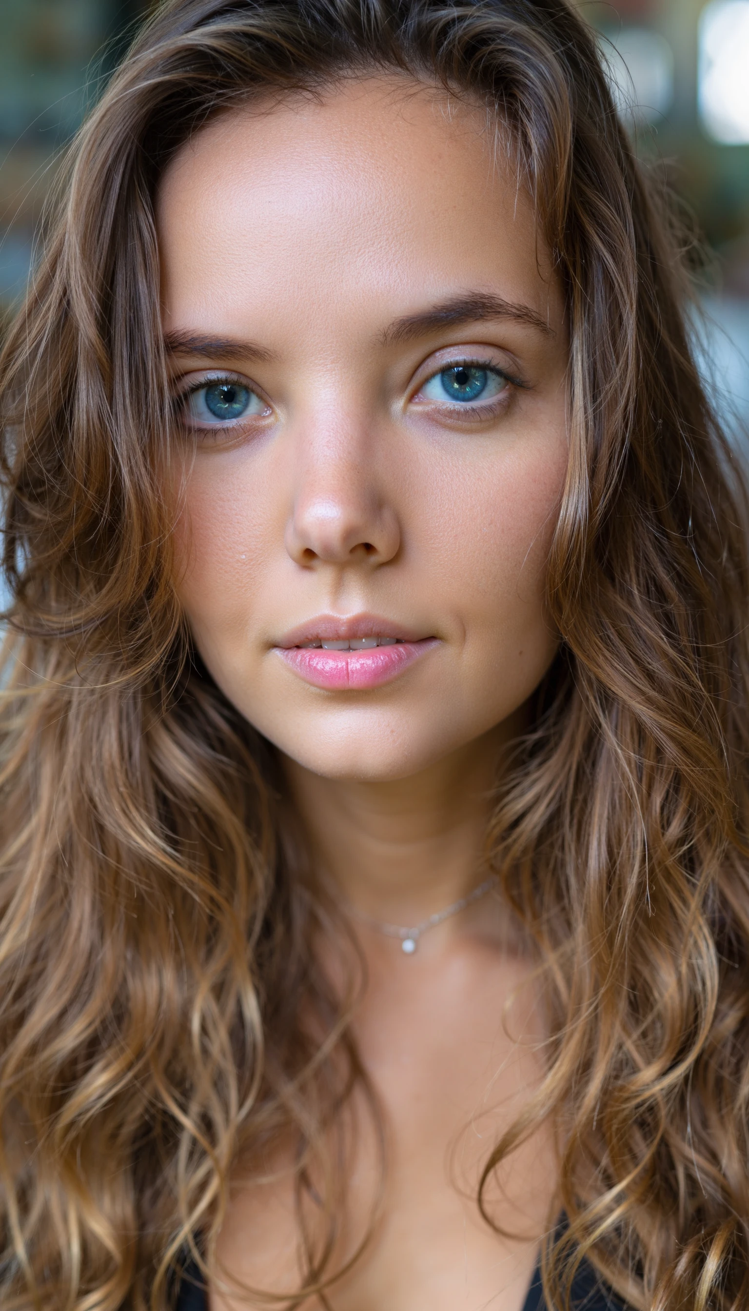 fiml photo lamography fujifilm look photo of a woman p3r5on with light skin, striking blue eyes, and long, wavy brown hair. 