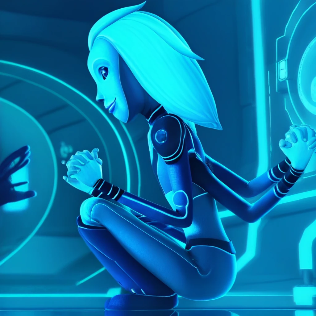 3d, 1girl, science fiction, night, glowing neon blue hair, from side, solo focus, ass, blue theme, squatting, hologram, watermark, colored sclera, blue skin, reflection, joints, standing, neon blue skin, blue lips, lips, neon trim, shoulder armor, smile, flat chest, extra arms, sitting, holding hands