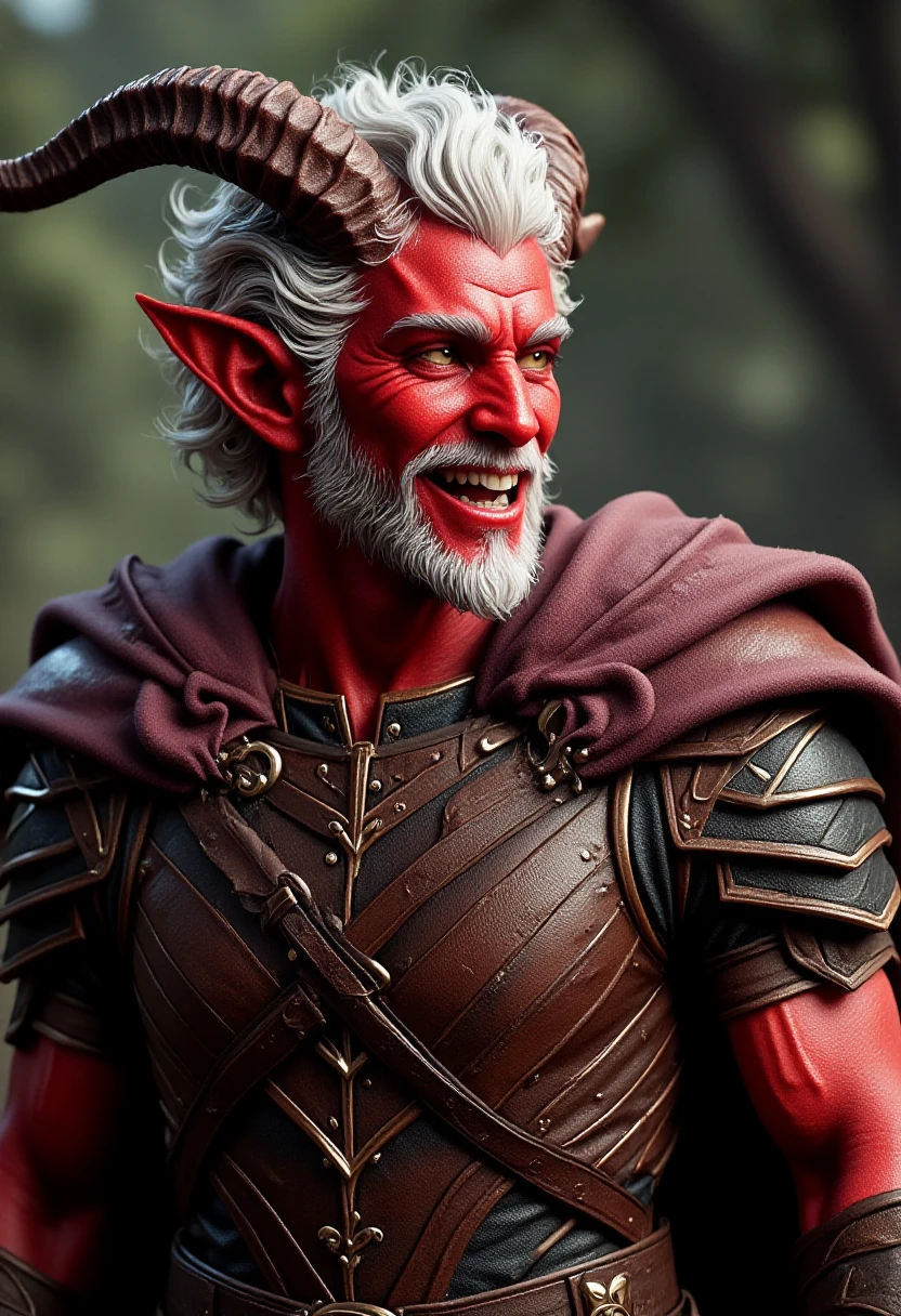 <lora:Tieflings_Flux:1> upper body of a male fluxtief with red skin and white hair, facial hair, grinning, wearing armor