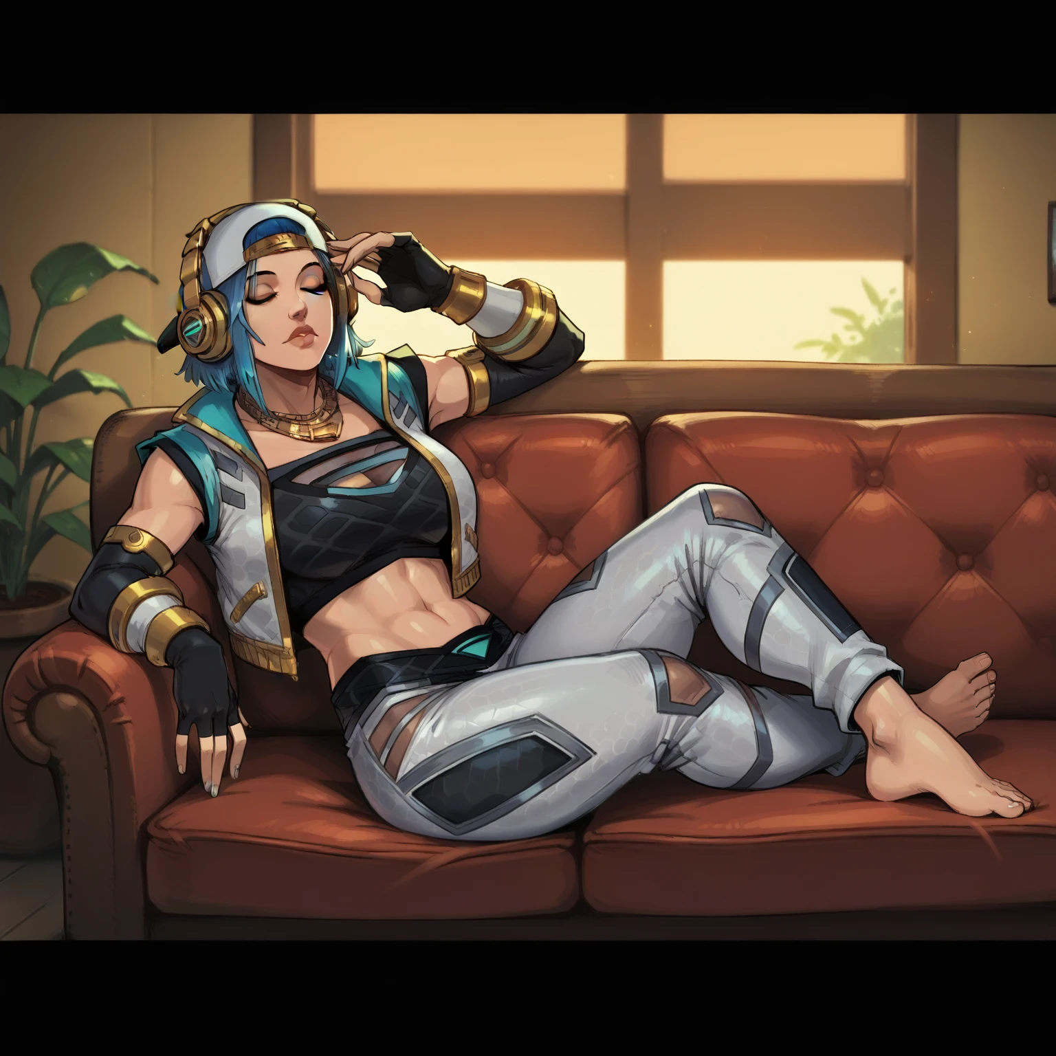 score_9, score_8_up, score_7, AmaDivBtSmi, dhs style, sleeping,  lying on side, side view, couch, lying on couch, pants, barefoot,
 1girl, huge breasts, looking at viewer, blue hair, upper body, medium hair, elbow gloves, midriff, fingerless gloves, necklace, bracelet, crop top, headphones, baseball cap,  cropped vest, backwards hat,
indoor, room, furniture, 
 <lora:Amaterasu_-_Divine_Beats_-_Smite:1>, <lora:DevilHS:0.5>, <lora:SethXZoePonyXL_No_Trigger:0.5>